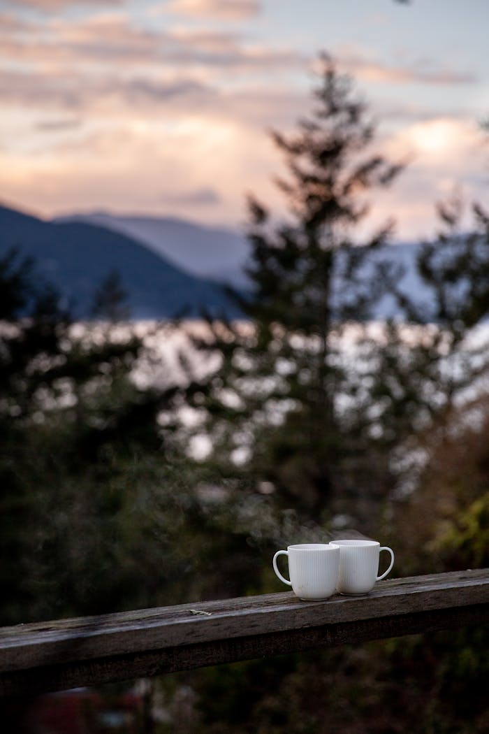 Serene landscape view with two coffee mugs on a wooden railing at sunset.